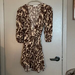 Mango Brown and Cream Leaf Print Dress